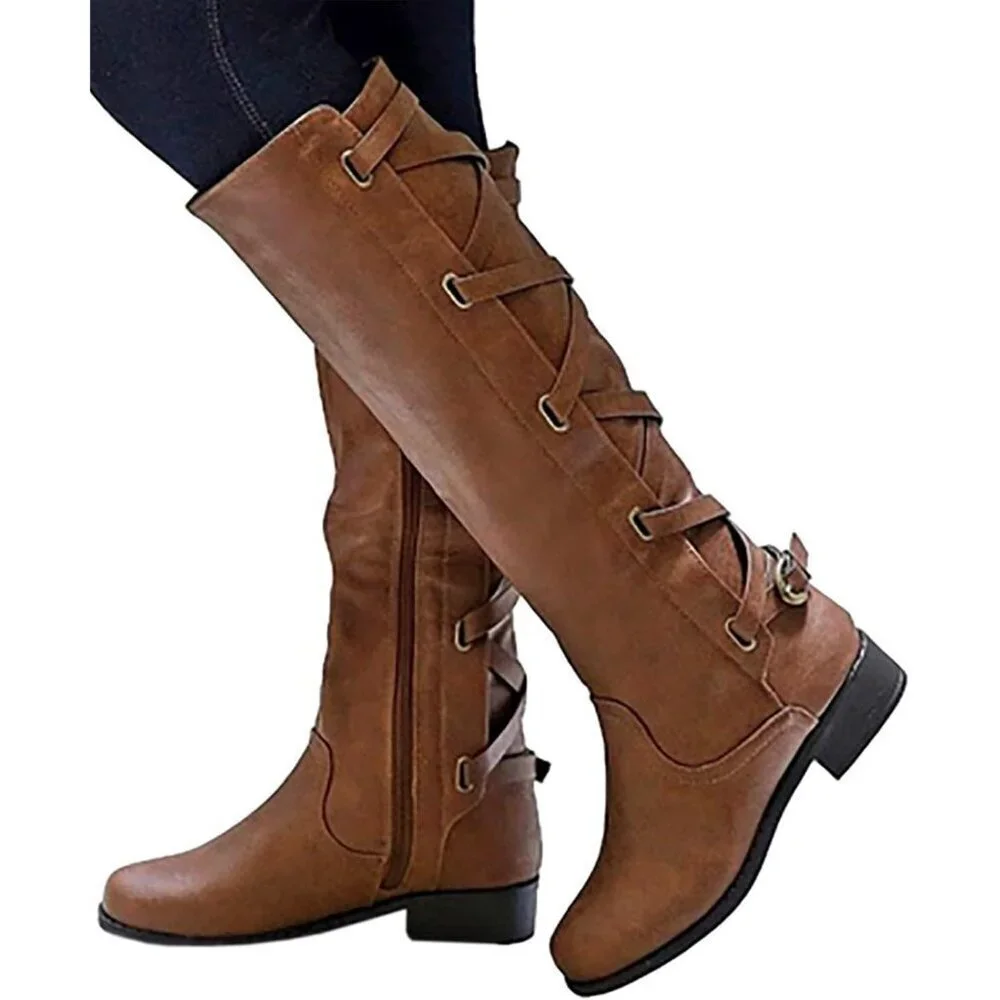 Womens Faux Leather Brown Strappy Motorcycle Knee High Riding Flat Lace Up Boots